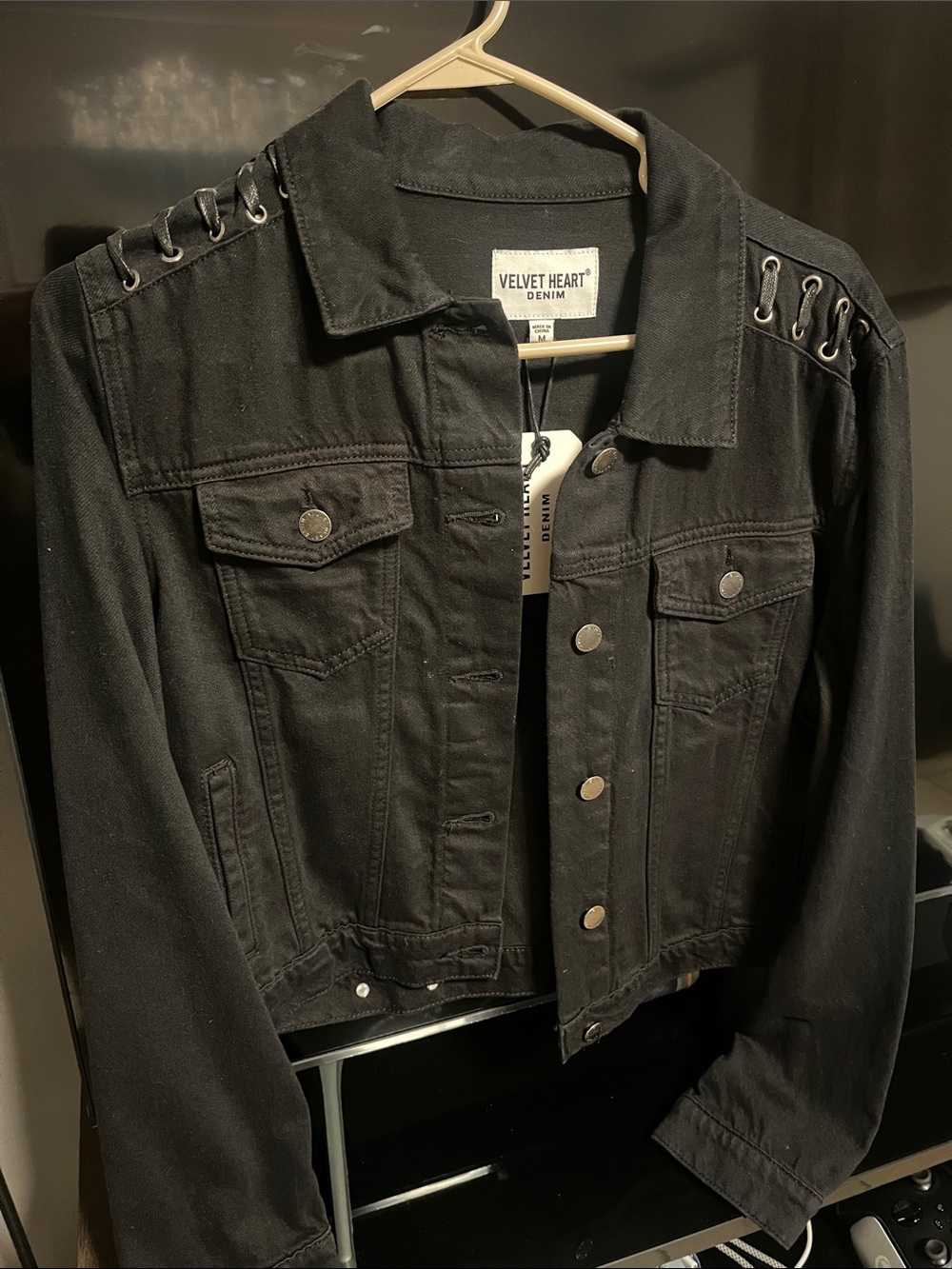 Velvet Heart Black Denim Jacket with Grommet Lace Shoulder Detail